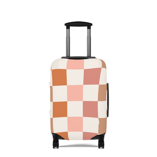 Checkered Tan Tones Luggage Cover, Travel Suitcase Protector, Groovy Travel Accessories, Vintage Style Baggage Protector, Retro Design Bag